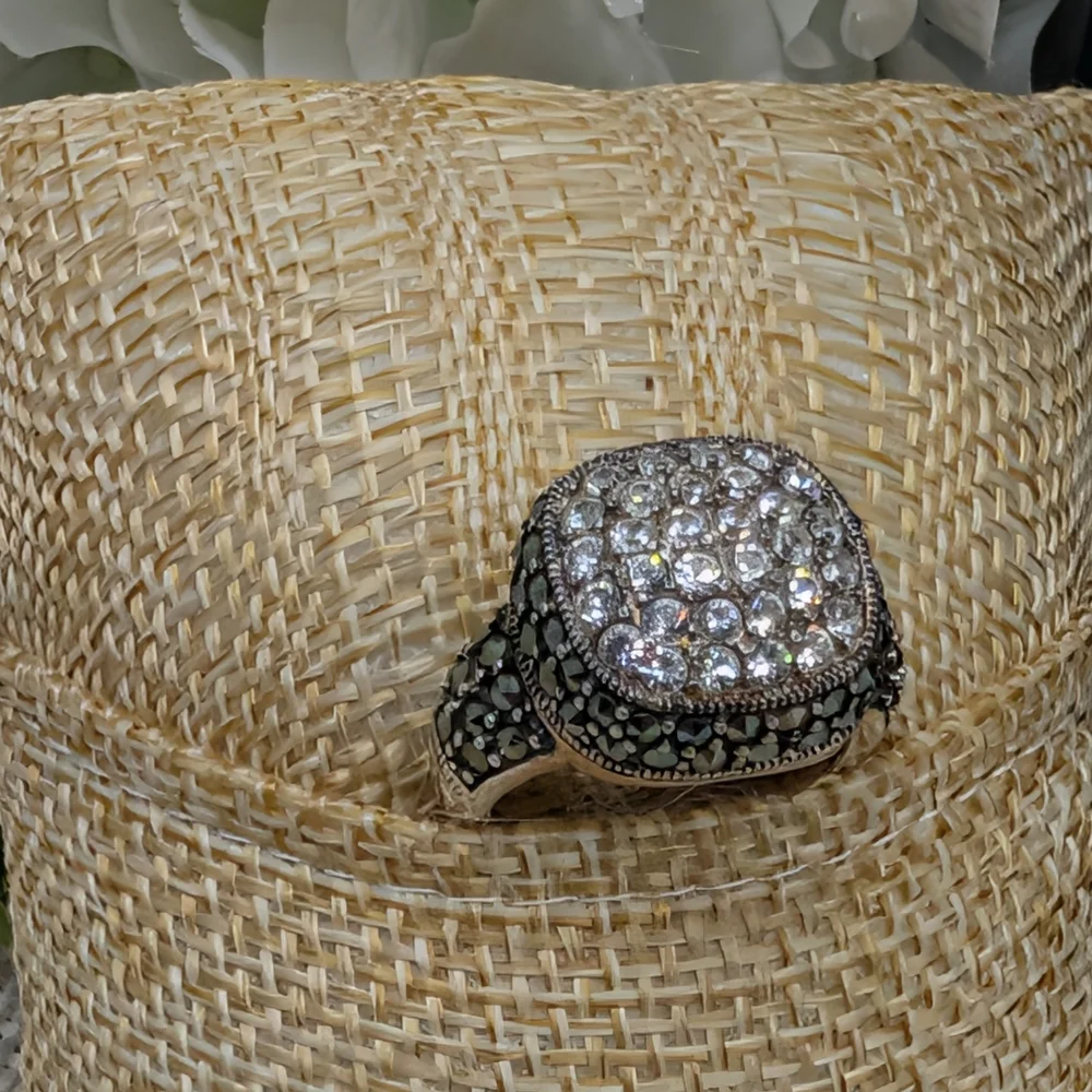 Vintage Sterling Silver 925 CZ Crystal Marcasite Stone Signet Ring Size 5.75 - Picture 6 of 16